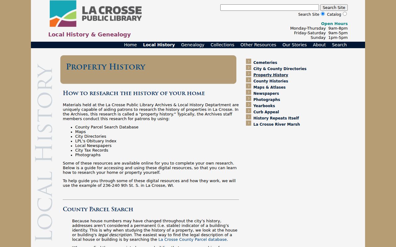 La Crosse Public Library property history research page